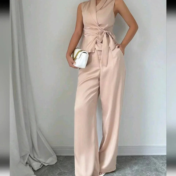 2pcs Solid Color Tie Front Sleeveless Top And Pants Casual Suit Set - Picture 5 of 5